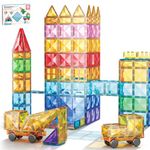 PicassoTiles 80 Pieces Magnetic Building Tiles Magnet Toys Diamond Educational Playset for STEM Sensory Gifts Kid Brain Development Stacking Blocks Construction Set