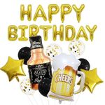 Xugoox Beers Mug & Whiskey Bottle Balloons Set for Men Women Birthday Happy Birthday Banner Balloon Decorations Gold Star Large Foil Balloons Confetti Balloons Beer Balloons for Baby Shower, Gold Black Birthday Party Decorations Beer Party Supplies