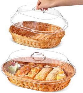 Hushee 2 Set Imitation Rattan Bread Basket with Lid Wicker Bread Baskets for Serving Woven Fruit Basket with Cover Oval Food Baskets for Vegetables Restaurant (13.78 x 9.84 Inch, 15.75 x 11.81 Inch)
