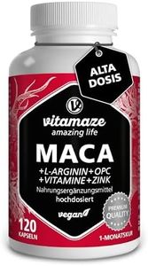 Maca Pura en Cápsulas, Altamente Concentrada con 5000 mg + L-Arginina + Vitamina B6, B12 + OPC + Zinc, 120 Cápsulas de Maca Andina para 1 Mes, sin Aditivos Innecesarios, Calidad Alemana