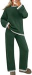 MEROKEETY Women's 2 Piece Fuzzy Fleece Lounge Sets Long Sleeve Top Wide Leg Pants Sweater Pajama Set, Green, Small