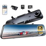 Pelsee P12 Plus 4K WiFi Rear View Mirror Camera, Dash Cam Front and Rear w/ 12" Touch Screen, Mirror Dash Cam Backup Cameras for Cars, 64GB Card&GPS Included, ADAS, Reversing Aid, WDR Night Vision