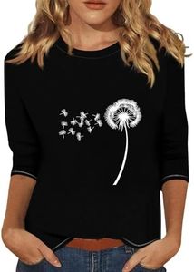 3/4 Length Sleeve Womens Tops Plus Size Cute Sunflower Dandelion Prints 3/4 Length Sleeves Tops for Women Crewneck Plus Size Summer Elbow Length Sleeve Blouse Three-Quarter-Sleeve Top Woman