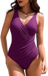 AI'MAGE Women One Piece Swimsuit 2025 Tummy Control Ruched Bathing Suit Slimming Push Up Swimwear, Dark Purple XL