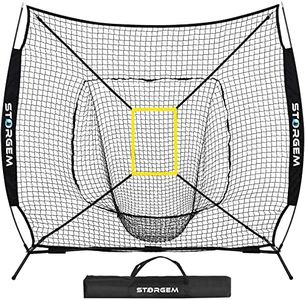 Storgem Baseball and Softball Practice Net 7×7ft Portable Hitting Pitching Batting Training Net Baseball Backstop Net with Batting Tee and Strike Zone and Bow Frame (Black Net Only)