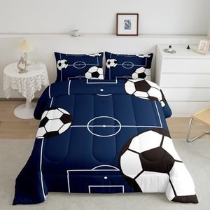 jejeloiu Football Comforter Set Queen Size Kids Soccer Ball Pattern Comforter for Boys Girls Teens Sports Theme Bedding Set Breathable Football Court Duvet Set Room Decor Quilt Set
