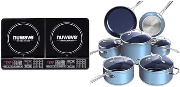 Nuwave Double Induction Cooktop, Powerful 1800W, 2 Large 8” Heating Coils & Healthy Duralon Blue Ceramic Nonstick Cookware Set, Diamond Infused Scratch-Resistant