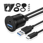 TNP USB C + USB 3.0 Flush Mount Cable, Dual USB Extension Cable 3ft 1M for Car Dashboard with Dash Panel Mount 2 USB Type A + C Male to Female Socket Connector Adapter Cord for Boat Motorcycle Vehicle