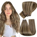 Hetto Sew in Weft Human Hair Extensions Weft Hair Extension Double Weft Sew in Hair Extension #4P27 Chocolate Brown Highlight Light Blonde 14 Inch 80g