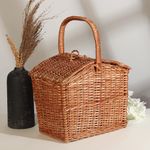 Habere India-All the Cultures Fabricating India Wicker Basket for Lunch | Picnic Basket with Top Handle | Modern Picnic Baskets | Bamboo Food Baskets, Rectangular, Brown (Medium: L32 x W23 x H28 cm)