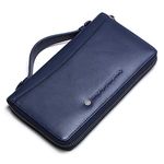 Contacts Mens Genuine Leather Travel Clutch with Wrist Strap,Zipper Passport Wallet with Zip Pocket, Large Capacity Phone Clutch Hand Bag for Men Vintage Blue