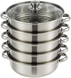 5-Tier Stainless Steel Steamer Pot with Lid, Multipurpose Steam Pots for Cooking, Vegetable & Dumpling Steamer Set with Durable Handles and Glass Lid for Fish, Meat, and Seafood (Silver 5)