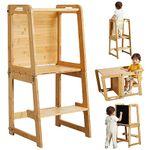 4-in-1 Standing Tower for Toddlers and Kids 1-6 Years, Bamboo Kitchen Learning Helper Stool with Chalkboard, Desk Table, and Chair (Natural)