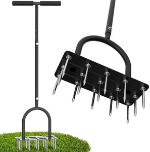 Aerator Lawn Tool Lawn Aerator -Heavy Duty Manual Grass Aerator with 15 Iron Spikes, Height Adjustable, Yard Aerator Tool for Lawn（Black）