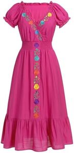 IMEKIS Women Mexican Fiesta Dress Summer Floral Embroidered Traditional Ethnic Wear Beach Holiday Party Long Maxi Gown, Hot Pink, X-Large