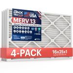 BNX TruFilter 16x25x1 Air Filter MERV 13 (4-Pack) - MADE IN USA - Electrostatic Pleated Air Conditioner HVAC AC Furnace Filters for Allergies, Pollen, Mold, Bacteria, Smoke, Allergen, MPR 1900 FPR 10