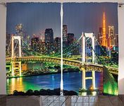 Ambesonne Landscape Curtains, Tokyo Skyline with Tokyo Tower and Rainbow Bridge Tokyo Japan Night Scenery View, Living Room Bedroom Window Drapes 2 Panel Set, 108" X 84", Green Navy