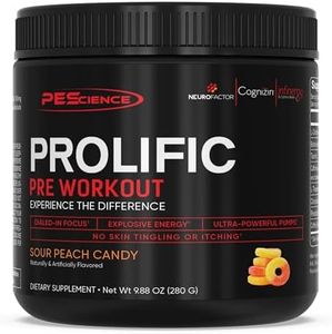PEScience Prolific Pre Workout Powder, Sour Peach Candy, 40 Scoop, Energy Supplement with Nitric Oxide, KK Fit Signature Flavor