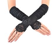 JISEN Women Fingerless Gathered Lace Sequins Satin Bridal Party Gloves Black