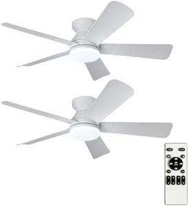 Depuley 42-Inch Ceiling Fans with Lights: Flush Mount Ceiling Fan with Remote Control Indoor/Outdoor - White 5 Blade Low Profile Fandelier for Kitchen Gazebo - Reversible Quiet Timer - 2 Packs