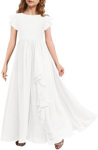 MITILLY Girls Lace Flower Maxi Dress Ruffle Sleeve A-Line Flowy Junior Bridesmaid Chiffon Dresses for Wedding Party 8 Years White