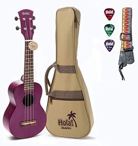Hola! Music HM-121PP+ Deluxe Mahogany Soprano Ukulele Bundle with Aquila Strings, Padded Gig Bag, Strap and Picks - Purple