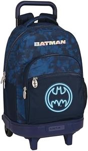 Safta Batman Legendary - Zaino grande con ruote, compatto, rimovibile, ideale per bambini di diverse età, comodo e versatile, qualità e resistenza, 33 x 22 x 45 cm, colore blu marino, Blu navy,