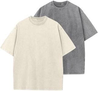 2 Pack Men's Oversized Cotton T-Shirts Loose Fit Vintage Tee Short Sleeve Casual Tshirts Solid Tops(BGGY,L)