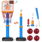 Sotodik 2 in 1 Kids Basketball Hoop and T Ball Set - Electronic Scoreboard，Height Adjustable,Kids Baseball Tee with Automatic Pitching Machine, Indoor Outdoor Sport Toys Gifts for Toddler Age 3 4 5 6