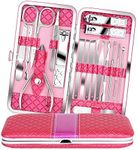 Teamkio 18pcs Manicure Set Pedicure Nail Clippers Set Travel Hygiene Kit Stainless Steel Professional Cutter Care Set Scissor Tweezer Knife Ear Pick Tools Grooming Kits with Leather Case