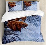 Ambesonne Africa Duvet Cover Set, Grizzly Bears Fishing in The River Waterfalls Cascade in Alaska Nature Camp View, Decorative 3 Piece Bedding Set with 2 Pillow Shams, Queen Size, Brown White