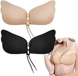 Ursexyly 2 Pack Strapless Bra Push Up Adhesive Sticky Bra Invisible Drawstring Backless Nipple Covers Silicone Bra for Women (Black & Nude, Medium)