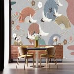 Chinese Classics Style 3D Wallpaper Wall Mural, White Crane Red Yellow Fan Background Mural, Silk Removable Artistic Wallpaper for Living Room Bedroom Children's Room Home Decor（169.3"W x 118.2"H） (197"W x 118.2"H)