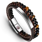 Mens Leather Bracelet – Classic Handmade Braided Black & Brown Cuff Bracelet with Engraved Magnetic Clasp Free Jewelry Gift Boxed