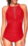 Tempt Me Women One Piece Swimsuit High Neck Plunge Ruched Tummy Control Bathing Suit, New Red-1, Large