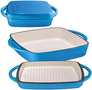 Bruntmor 2-in-1 Pre-seasoned Square Cast Iron Dutch Oven With Dual Handles, Non stick Pan with Grill, All-in-One Cookware Set, Cast Iron Casserole Dish with Lid for Braising Dishes,Whale Blue