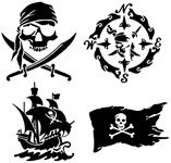 Pirate Decals 4 Pack: Skull and Swords, Pirate Ship, Pirate Flag, Pirate Compass (Black, PiratesOne Small~3.5")