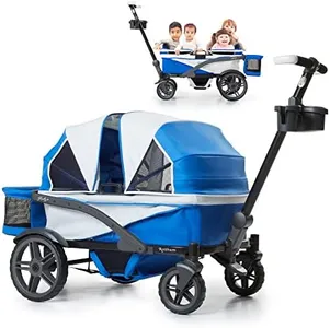 Gladly Family Anthem4 Quad All-Terrain Wagon Stroller with Easy Push and Pull, Removable XL Canopies, and Sturdy, Safe Folding for Storage and Transport, Electric Silver