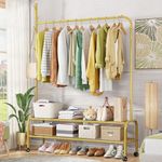 Lukzer | MGR-008 | Gold | Metal Garment Rack with Wheels & 2 Bottom Shelves – Freestanding Clothes Stand & Storage Organizer for Bedroom, Living Room, Shop Display & More | 173 x 110 x 34 cm