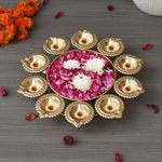 eCraftIndia Golden Metal Handcrafted Flower Decorative Urli with 10 Diyas - Urli Bowl for Home Decor - Urli for Floating Flowers - Diwali Decoration Items for Home Decor - Housewarming, Diwali Gift