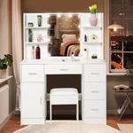 Koestem White Large Vanity Desk with Hollywood LED Lighted Mirror, Make Up Vanity Set with Stool and 5 Drawers, Large Cabinet, 4 Open Shelves, Bedroom Furniture