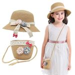 SNOWIE SOFT® Straw Hat for Kids Hat for Girls Summer Sun Hat with Mini Shoulder Bag Combo, Toddler Wide Brim Straw Girls Cap Floral Lace Bowknot Beach Hat for Kids Girls