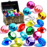 Sloosh Diving Gems Pool Toys, 16 Big Colorful Diamond with Pirate Treasure Chest, Swim Dive Diving Toy for Kids Underwater Gemstone Swimming Training Gift Toys