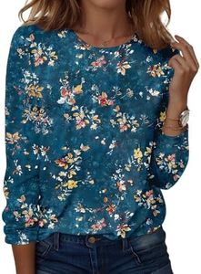 UDAUDU Lightweight Long Sleeve Tops for Women Oversized Fall Pretty Blouse Womens Long Sleeve Park Printed Loose Fitting Tee Shirts Polyester Comfortable Frill Crewneck T-Shirts Blue 5XL