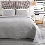 Qucover Light Grey Bedspread King Size 3-Piece Lightweight Breathable Polyester Floral Pattern Ultrasonic Quilting Technology Bedspreads with Pillow Shams, 240x260cm