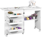 Warmiehomy Wooden Folding Sewing Tables for Sewing Machines, 2-In-1 Craft Table with Storage Shelves and Wheels, Hideaway Computer Desk, 118cm(L) x 40cm(W) x 77cm(H), Saving Space, White