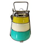 Elan 3 Tier Traditional Indian Lunch Box | Three Compartment Stainless Steel Tiffin Box for Office | Pyramid Shape Food Carrier for Men (Yellow-Ivory-Aqua, 3T)