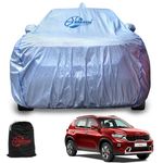 GARREGE®Metallic Silver Triple Coated Inner Soft Lining Cotton Waterproof Car Body Cover with Mirror Antena Pocket Blue Strap Style for Kia Sonet All Models Cover (Box Printed Silver)