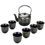 fanquare Japanese Kungfu Tea Set with Infuser, Black Teapot Cup Set with Gold Flowers, Handmade Ceramic Tea Service, One Teapot with 6 Cups