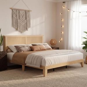 Garvee Queen Size Rattan Bed Frame, Bohemian Queen Rattan Bed Frame with Natural Headboard, Platform Queen Size Bed with Wooden Legs, LED Lights, No Box Spring Needed